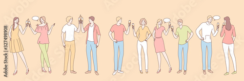 People with alcohol drinks set concept. Group of young people men women boy girls with alcoholic drinks beverages together. Collection of happy talking students friends with champagne. Party lifestyle