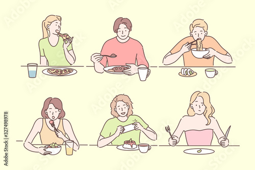 People eating different food set concept. Group of young people men women boys girls eat various dishes at restaurant, cafe canteen. Menu collection of food. Lunch, breakfast, dinner. Simple vector