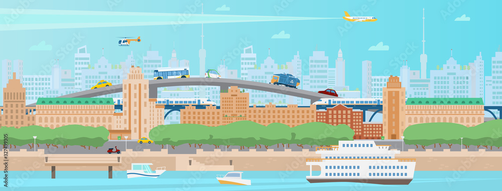 Horizontal modern summer city panorama. Cityscape with houses, quay, boats, ferry, train, bridge, cars, trees, helicopter and train, skyscrapers. Flat vector illustration.
