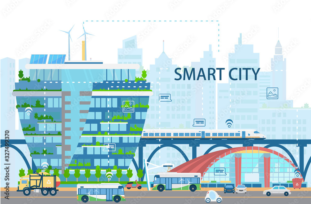 Smart city landscape with modern buildings, bullet train, electro buses and cars, sunbatteries, network of things, icons. City of future concept. Flat vector illustration.