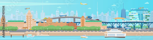 Horizontal modern summer city panorama. Cityscape with houses, quay, boats, ferry, train, bridge, cars, trees, helicopter and train, skyscrapers. Flat vector illustration.