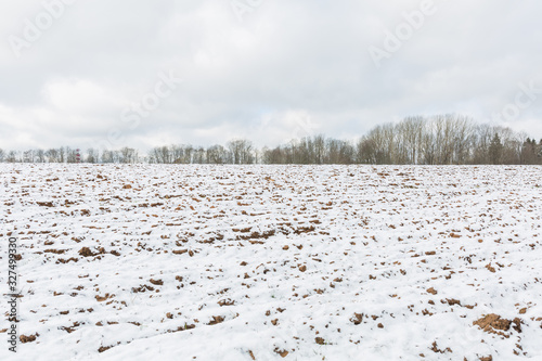 City Sigulda, Latvia. Plowed field snow-covered. Aforest in the distance. Travel photo.