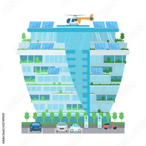 Modern skyscraper building with helicopter on the roof, sun batteries, plants, charging station for electro cars on the parking. Smart city. Flat vector illustration isolated on white.