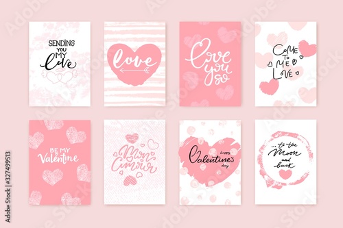 Valentine's day cards collection. Cute backgrounds, compositions with romantic phrases and hearts.
