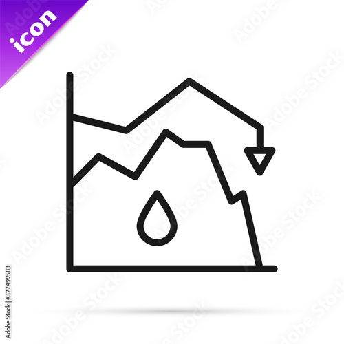 Black line Drop in crude oil price icon isolated on white background. Oil industry crisis concept. Vector Illustration