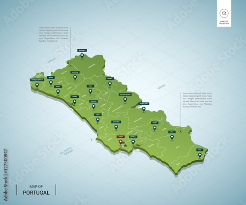 Stylized map of Portugal. Isometric 3D green map with cities, borders, capital Lisbon, regions. Vector illustration. Editable layers clearly labeled. English language.