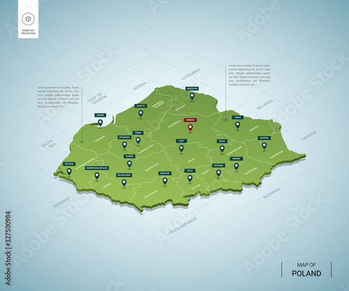 Stylized map of Poland. Isometric 3D green map with cities, borders, capital Warsaw, regions. Vector illustration. Editable layers clearly labeled. English language.