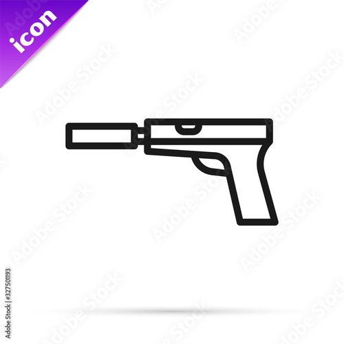 Black line Pistol or gun with silencer icon isolated on white background. Vector Illustration