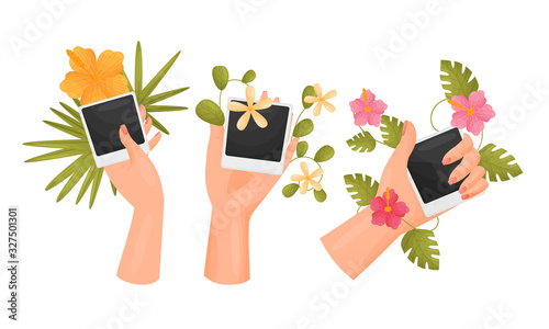 Hands Holding Flowers and Photographs Isolated on White Background Vector Set