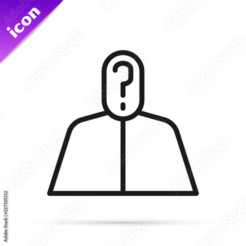 Black line Anonymous man with question mark icon isolated on white background. Unknown user, incognito profile, business secrecy, obscurity. Vector Illustration