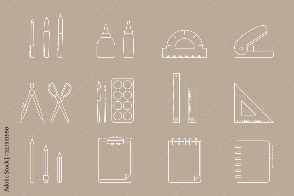 Obraz premium Stationery Icons set - Vector outline symbols of pencil, pen, ruler, scissors, eraser, marker, paintbrush, glue for the site or interface