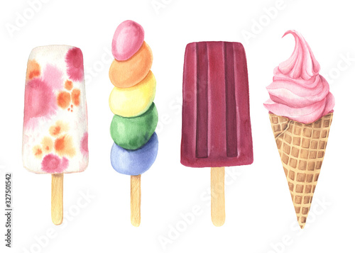 Set of watercolor fruit ice cream on stick