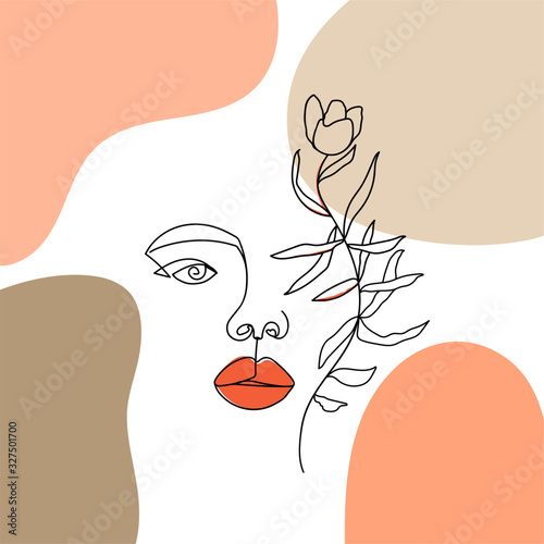Contemporary design collage with one line woman face, abstract shapes and flower. Terracotta aesthetic card for textile, poster, card, cover, t-shirt etc. Vector illustration.