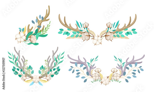 Botanical Composition with Deer Horns and Cotton Flowers Vector Set