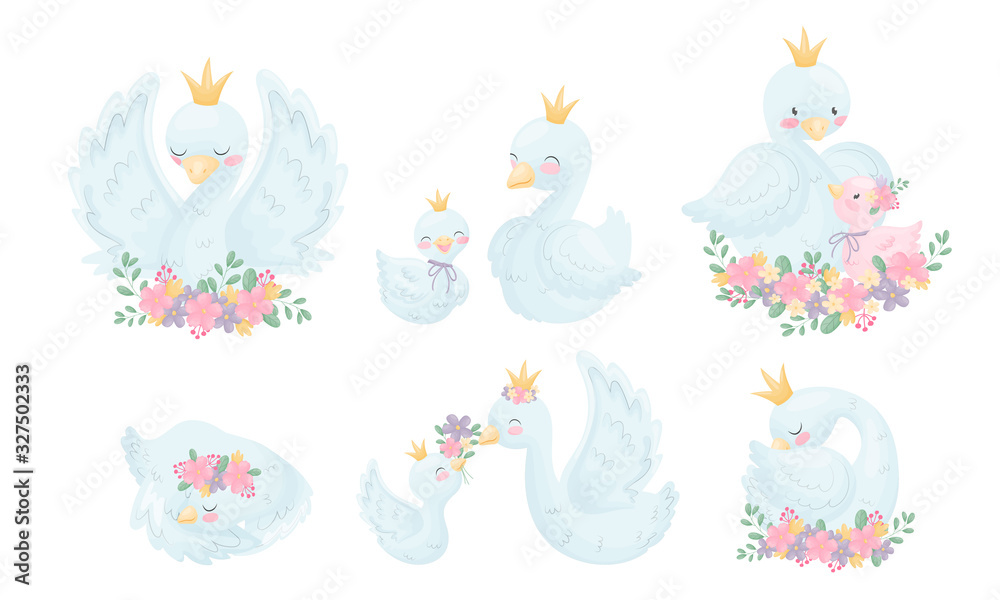 Cartoon Goose Character with Golden Crown Sleeping and Sitting with Its Gosling Vector Set Cartoon Goose Character with Golden Crown Sleeping and Sitting with Its Gosling Vector Set