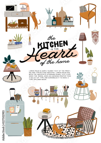 Stylish Scandinavian kitchen interior - stove, table, kitchen utensils, fridge, home decorations. Cozy modern comfy apartment furnished in Hygge style. Vector illustration
