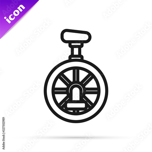 Black line Unicycle or one wheel bicycle icon isolated on white background. Monowheel bicycle. Vector Illustration