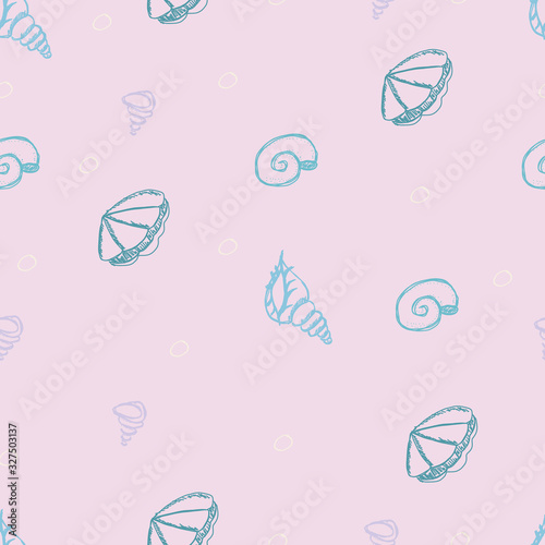 Seamless pattern of shells different form. Blue beach elements on pink background. Hand draw Illustration in doodle style.  Marine and summer theme