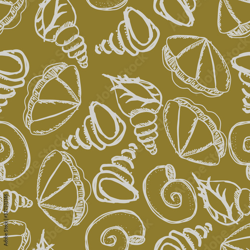 Seamless pattern of shells different form. Silver beach elements on gold background. Hand draw Illustration in doodle style.  Marine and summer theme