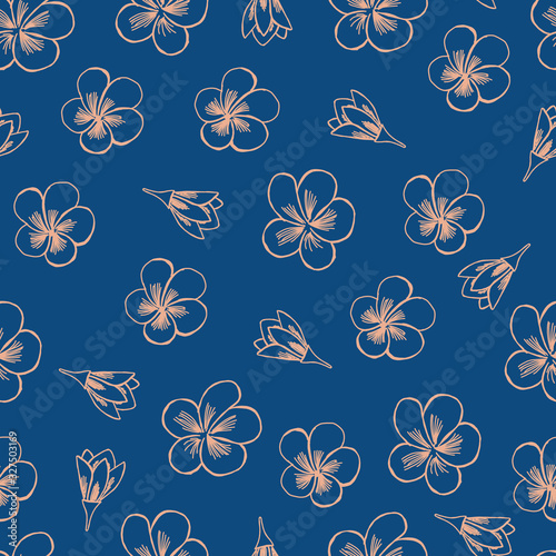 Seamless vector pattern of frangipani flowers. Powder plumeria on classic blue background. Illustration in doodle style.