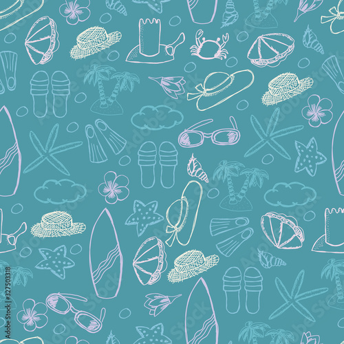 Seamless pattern of travel summer elements. Cute illystration in doodle style. 