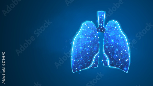 Human Lungs. Organ anatomy, biological air filter, healthy body concept. Polygonal image on blue neon background. Low poly, wireframe digital 3d Raster illustration. Abstract art