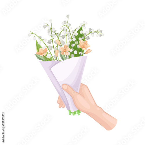 Bouquet of Blossoming Flowers in Craft Paper Wrapping Clutched in Hand Vector Illustration