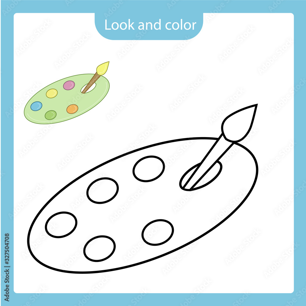 Coloring page outline of brush and paint on the palette toy with example. Coloring page outline of brush and paint on the palette toy with example.
