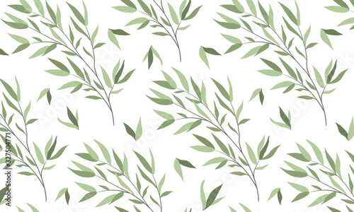 Seamless horizontal pattern with branches of a willow on a white background. Vector illustration
