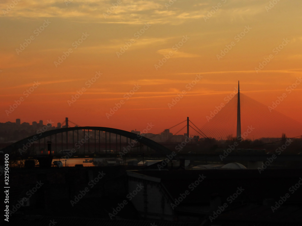 Bridges on the Sava river at sunset in Belgrade, Serbia