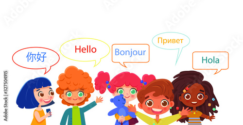 Group of intercultural children. Hello in different languages.  Diverse cultures, international communication concept, club of foreign languages, language learning camp.