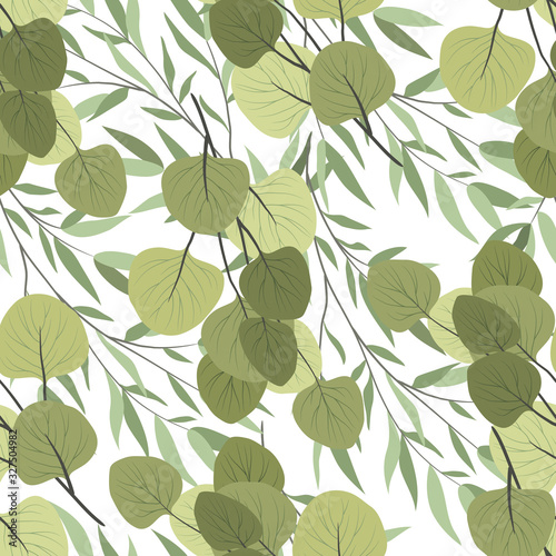 Seamless pattern with branches of a willow and eucalyptus on a white background. Vector illustration