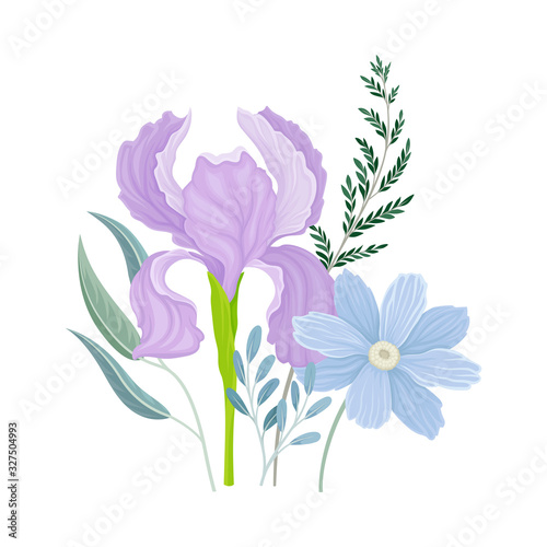 Flower Arrangement with Open Iris Bud on Green Erect Stem Vector Illustration
