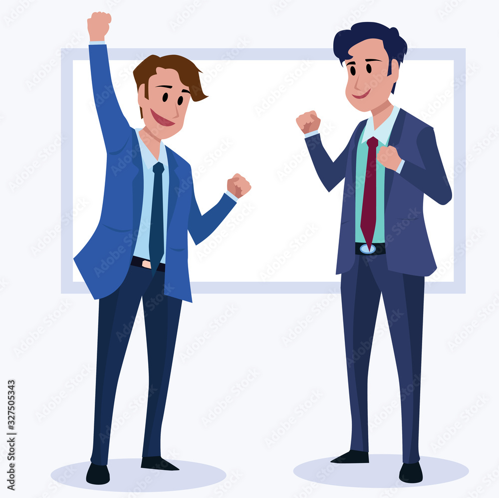 Business men Office cartoon characters. Standing persons. Business People at morning meeting. Illustration vector of discussion and talk, Board background.