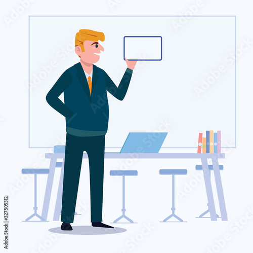 Business men Office cartoon characters. Standing persons. Business People at morning meeting. Illustration vector of discussion and talk, Board background.