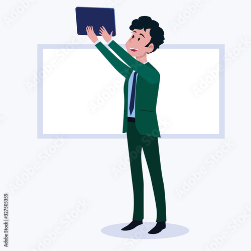 Business men Office cartoon characters. Standing persons. Business People at morning meeting. Illustration vector of discussion and talk, Board background.