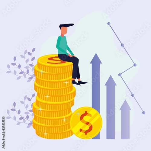 The financial consultant has a title on a friendly, waving pile of coins. Successful investor or entrepreneur. Financial consulting, investment and savings. Modern vector illustration.