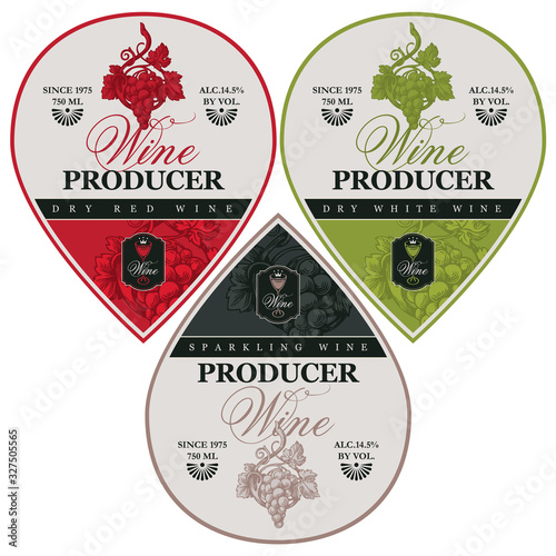 Set of three vector wine labels in the shape of a drop. Collection of modern labels with hand-drawn bunch of grapes and calligraphic inscription.