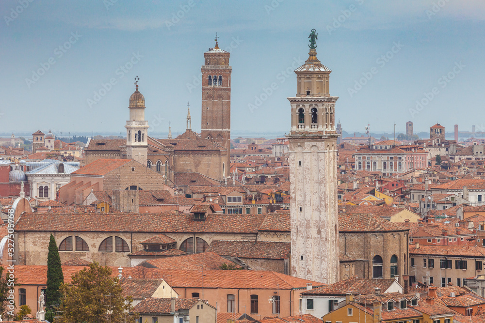 Aerial panorama of venetian bell towers, Venice, Italy