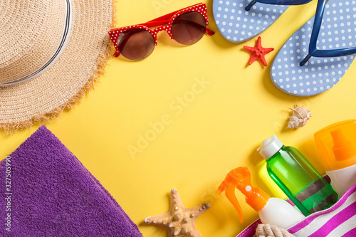Summer vacation background with copy space. Flat lay photo on color table, travel concept. Free space for text, mock-up