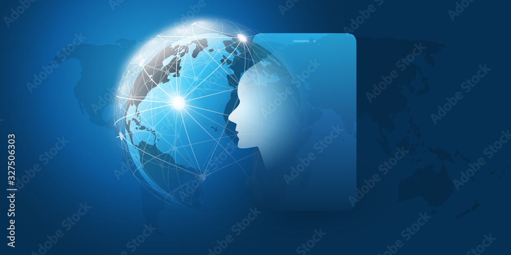 Machine Learning, Artificial Intelligence, Cloud Computing and Networks Design Concept with Earth Globe, Network Mesh, Mobile Device and Human or Robot Head