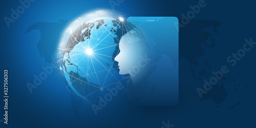 Fototapeta Naklejka Na Ścianę i Meble -  Machine Learning, Artificial Intelligence, Cloud Computing and Networks Design Concept with Earth Globe, Network Mesh, Mobile Device and Human or Robot Head