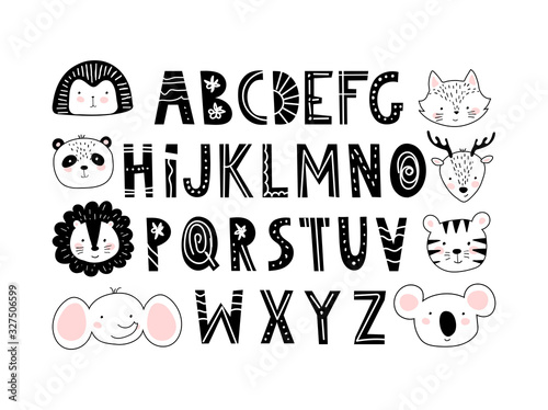 Cute alphabet and animals in nordic hygge style. Modern day nursery poster. Simple hand drawn black letters with white decor, set for design. Flat illustration isolated on white background.