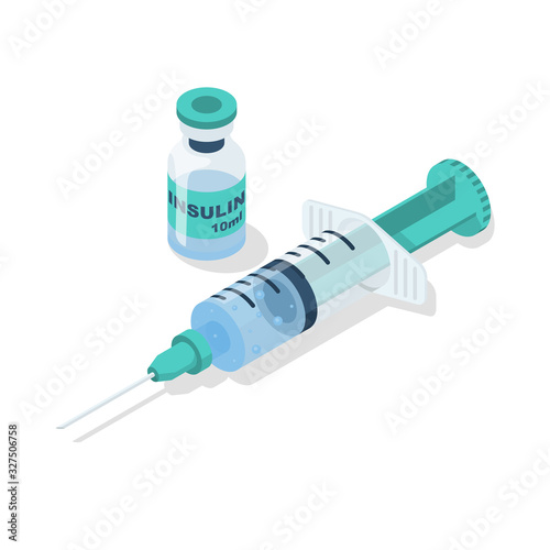 Bottle with insulin and syringe. Diabetes concept. Injection for the patient. Insulin ampule. Template vaccination. Vector illustration 3d isometric design. Isolated on white background.