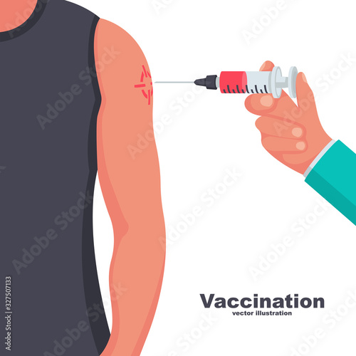 Vaccination concept. Medical template landing page. Doctor vaccinating patient in clinic. Injection or syringe. Vector illustration flat design. Isolated on white background. Shot in the shoulder.