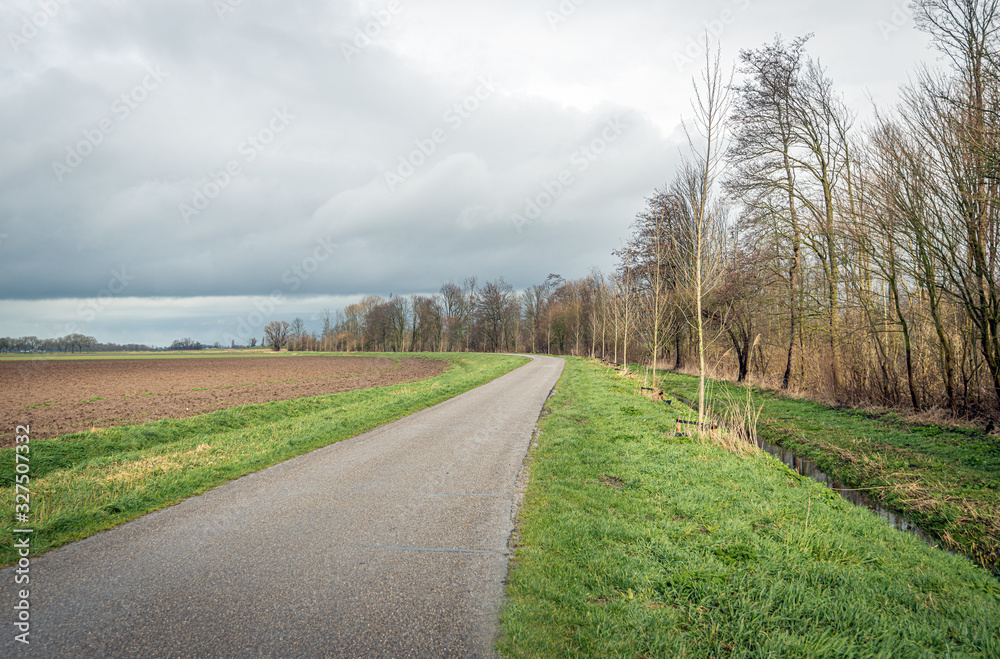 Curved country road in an agricultural landscape. There is a plowed field on one side of the road. On the other side are a ditch and many bare trees. It is a cloudy winter day in the Netherlands.