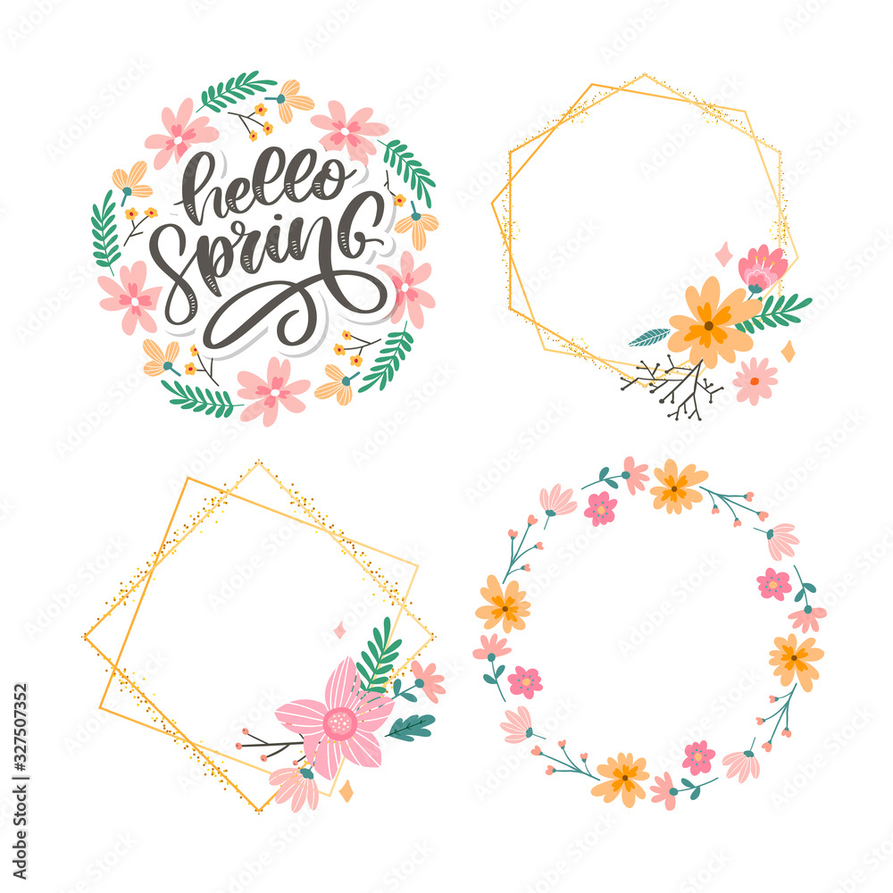Hello Spring Flowers Text Background lettering slogan