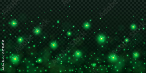 Creative vector illustration of glowing fireflies isolated on transparent dark background. Art design green glowing firefly template. Abstract concept sparks dust element, lightning bugs at night photo