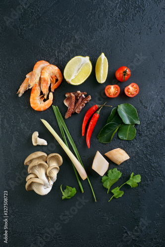 ingredients for Tom Yama on a dark background