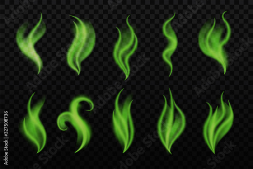 Creative vector illustration of bad smell, steaming stench, whiff, vapor, gas, poison, food odor isolated on transparent background. Art design toxic smell template. Abstract concept stink poison mist
